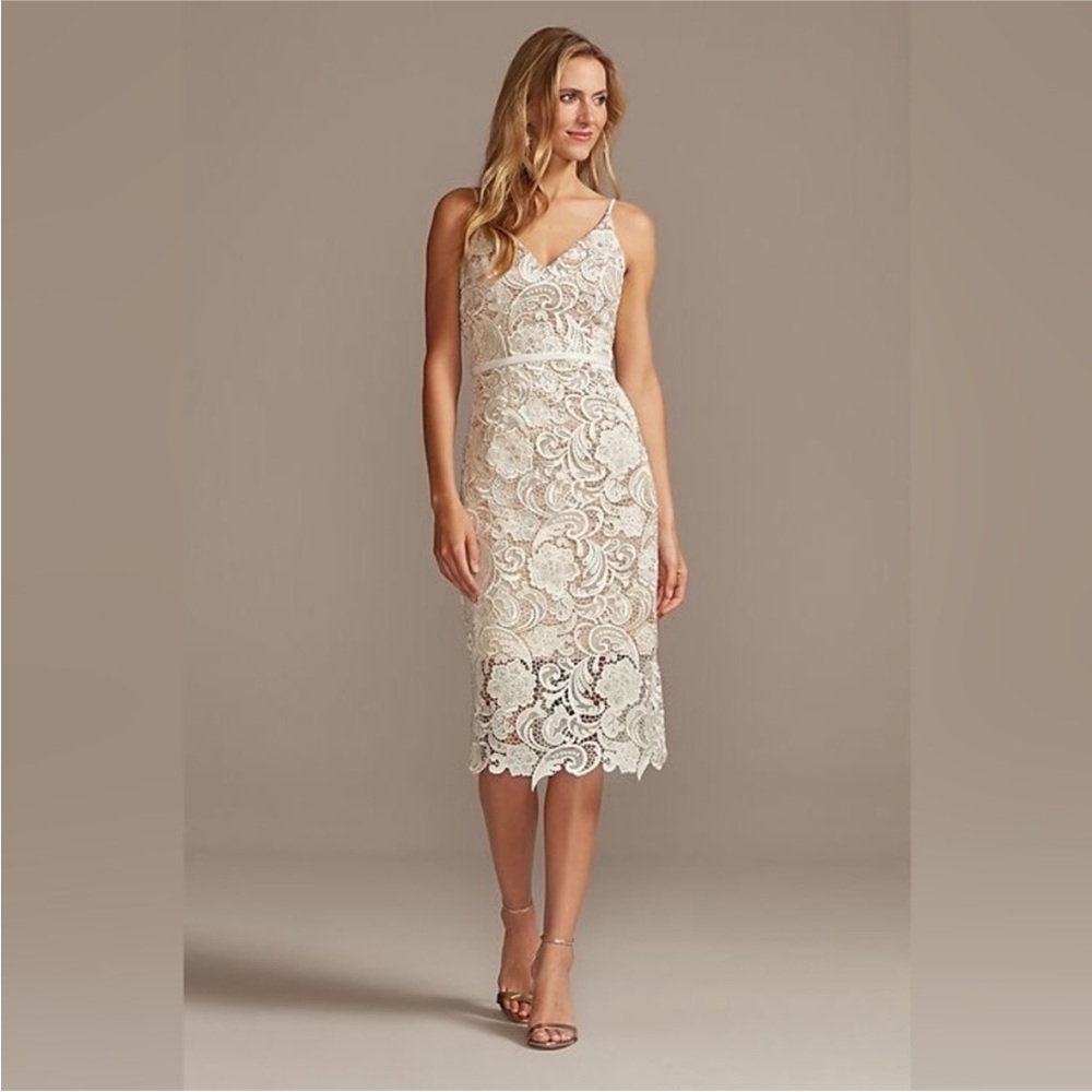 NWT David’s Bridal DB Studio Ivory Crochet Lace Overlay Midi Dress